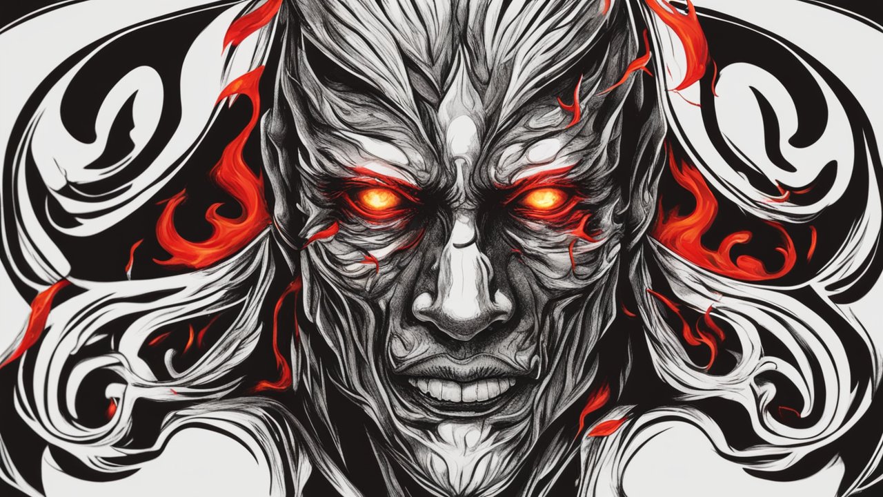 Fiery Demonic Face with Glowing Eyes and Intricate Flames
