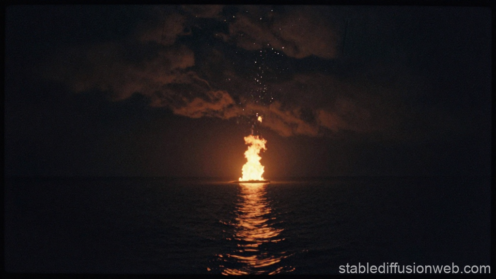 Fiery Explosion on Dark Ocean at Night