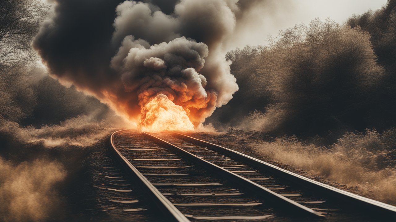 Fiery Explosion on Railway Tracks in Forest