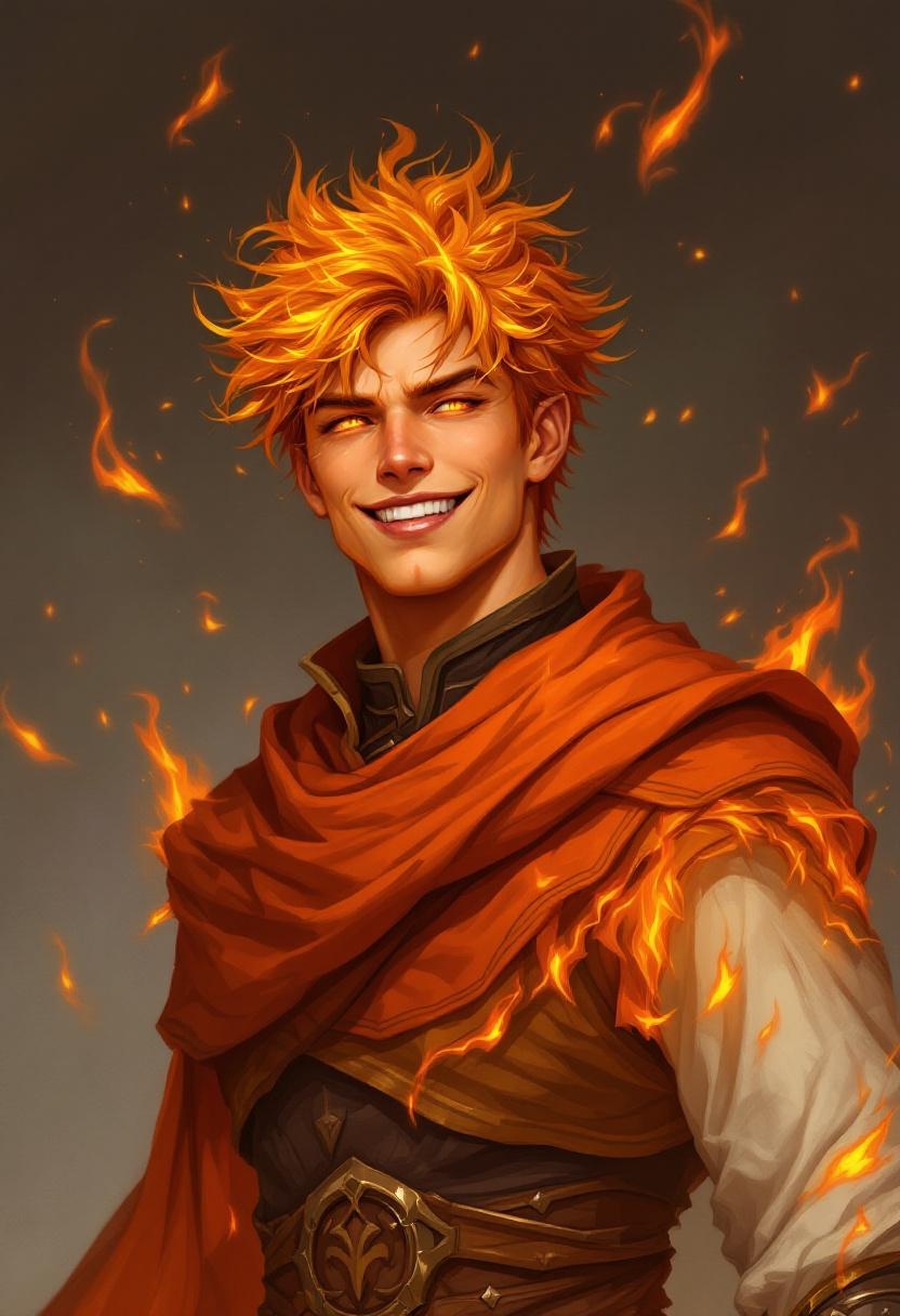 Fiery Fantasy Male Character with Flaming Hair