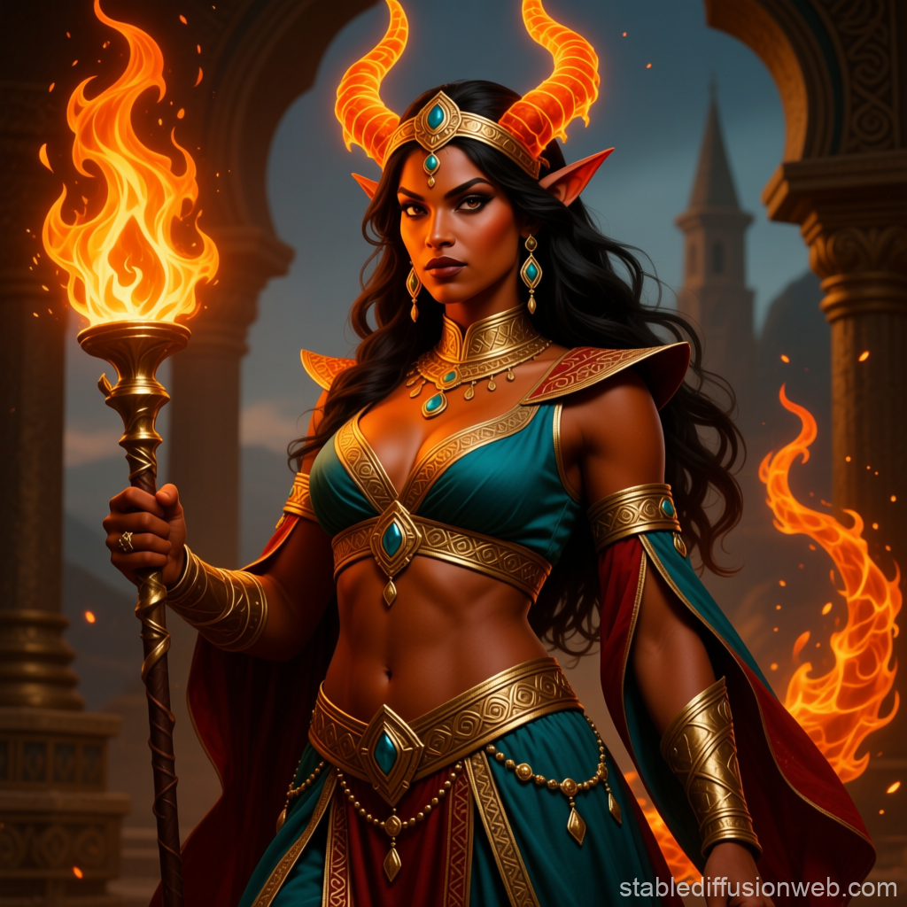 Fiery Fire Genasi Sorceress with Glowing Horns