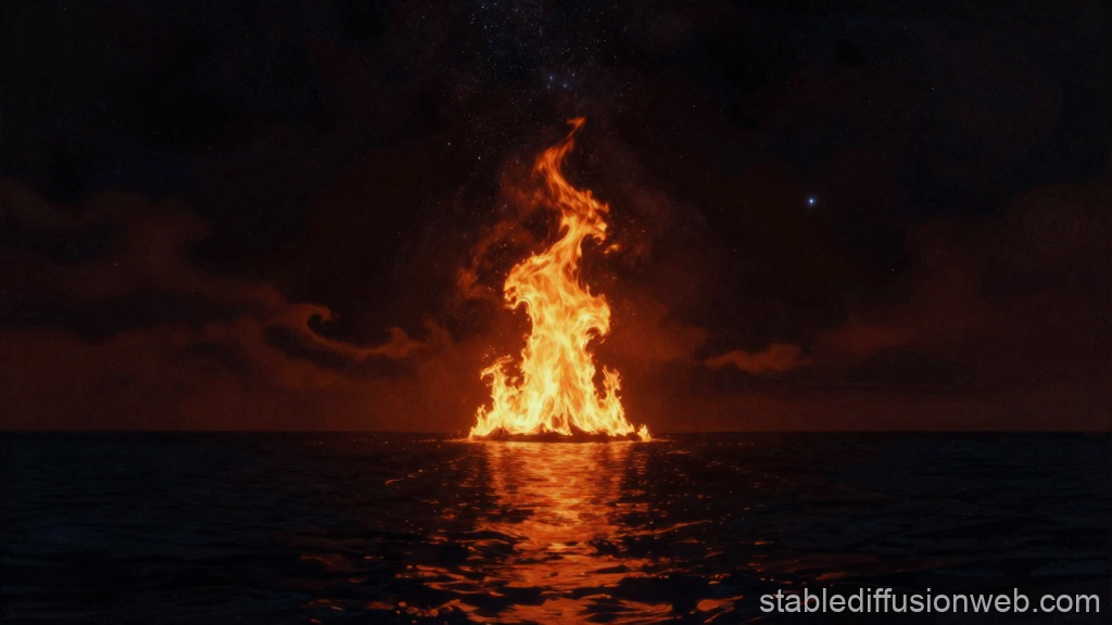 Fiery Flame Rising from Dark Ocean at Night