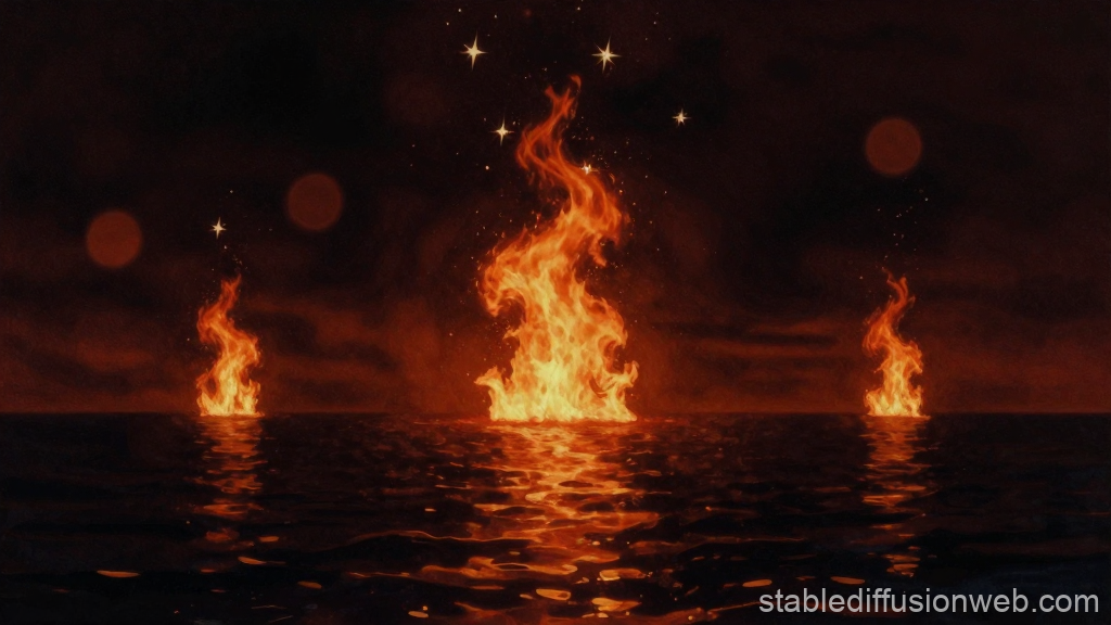 Fiery Flames Rising from Dark Ocean at Night
