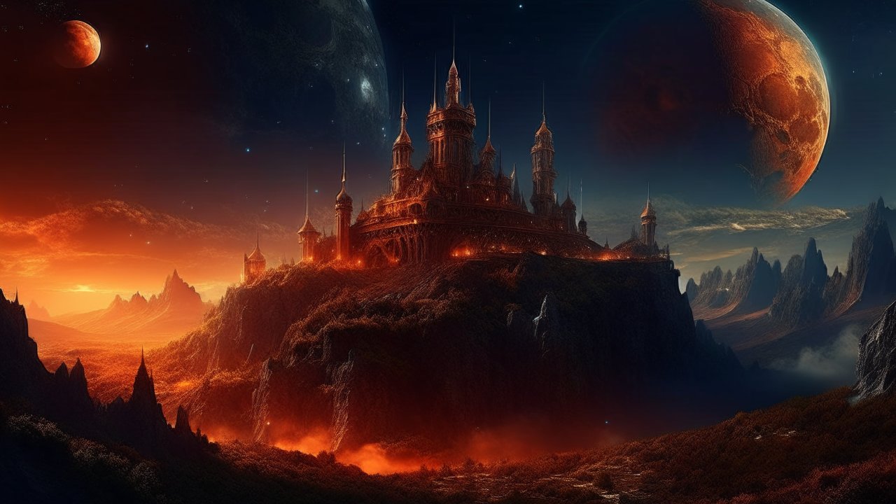 Fiery Fortress on an Alien Planet with Twin Moons