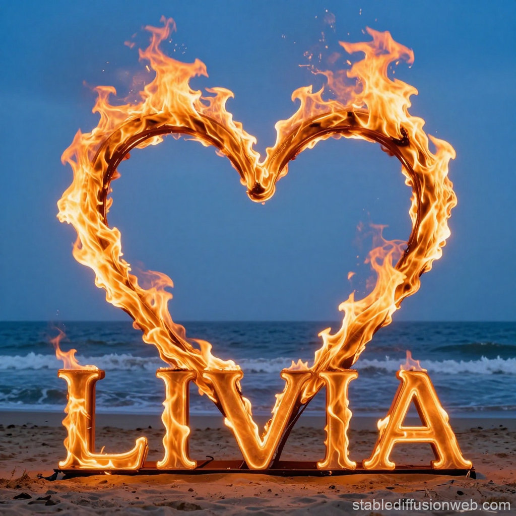 Fiery Heart and LIVIA Letters on Beach at Dusk