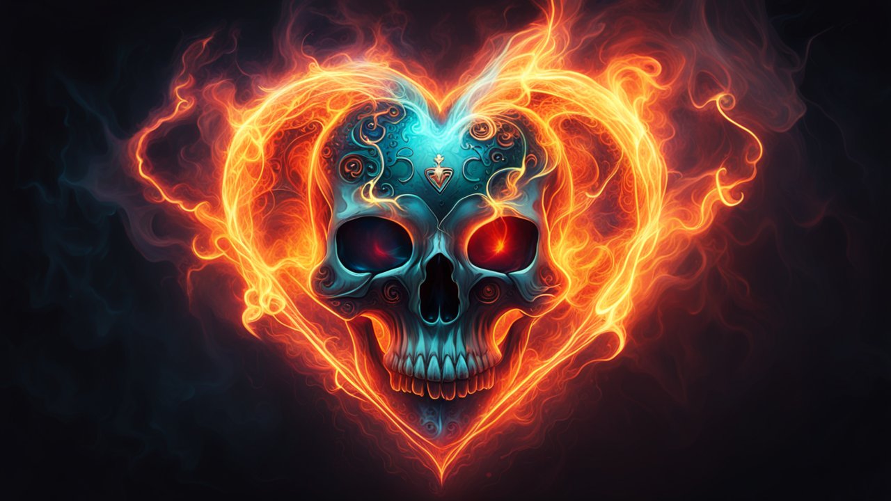 Fiery Heart-Shaped Skull with Ethereal Flames