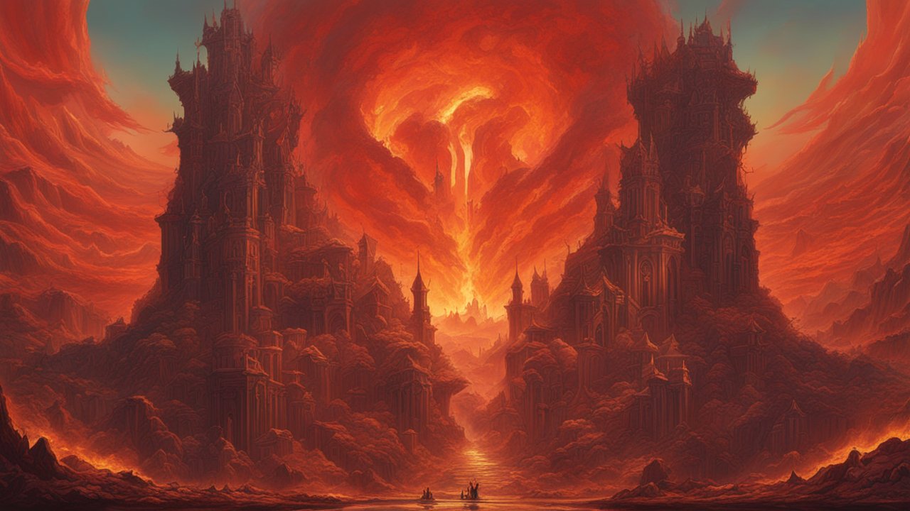 Fiery Hellscape with Gothic Towers and Lava River