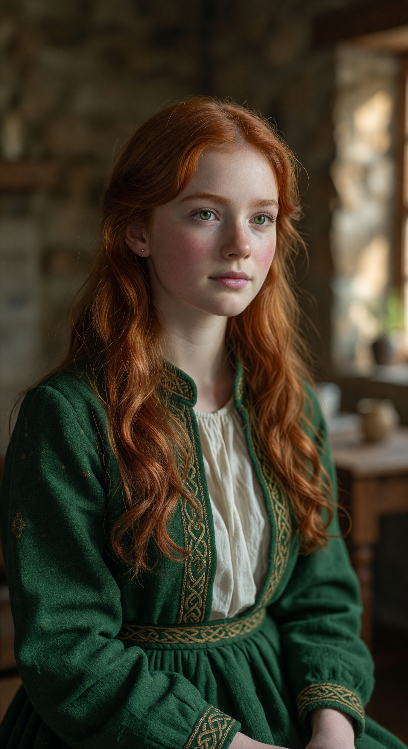 Fiery Irish Lass in Traditional Green Dress