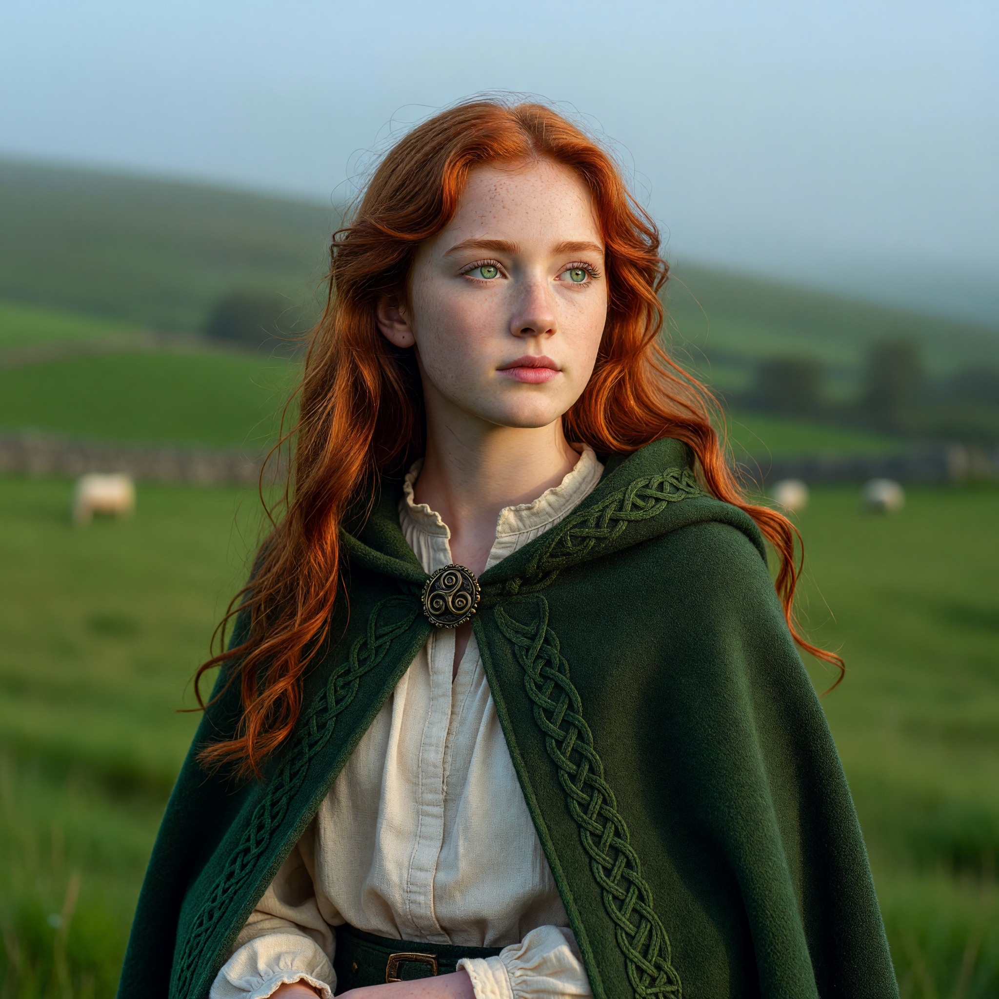 Fiery Irish Maiden in Traditional Cloak