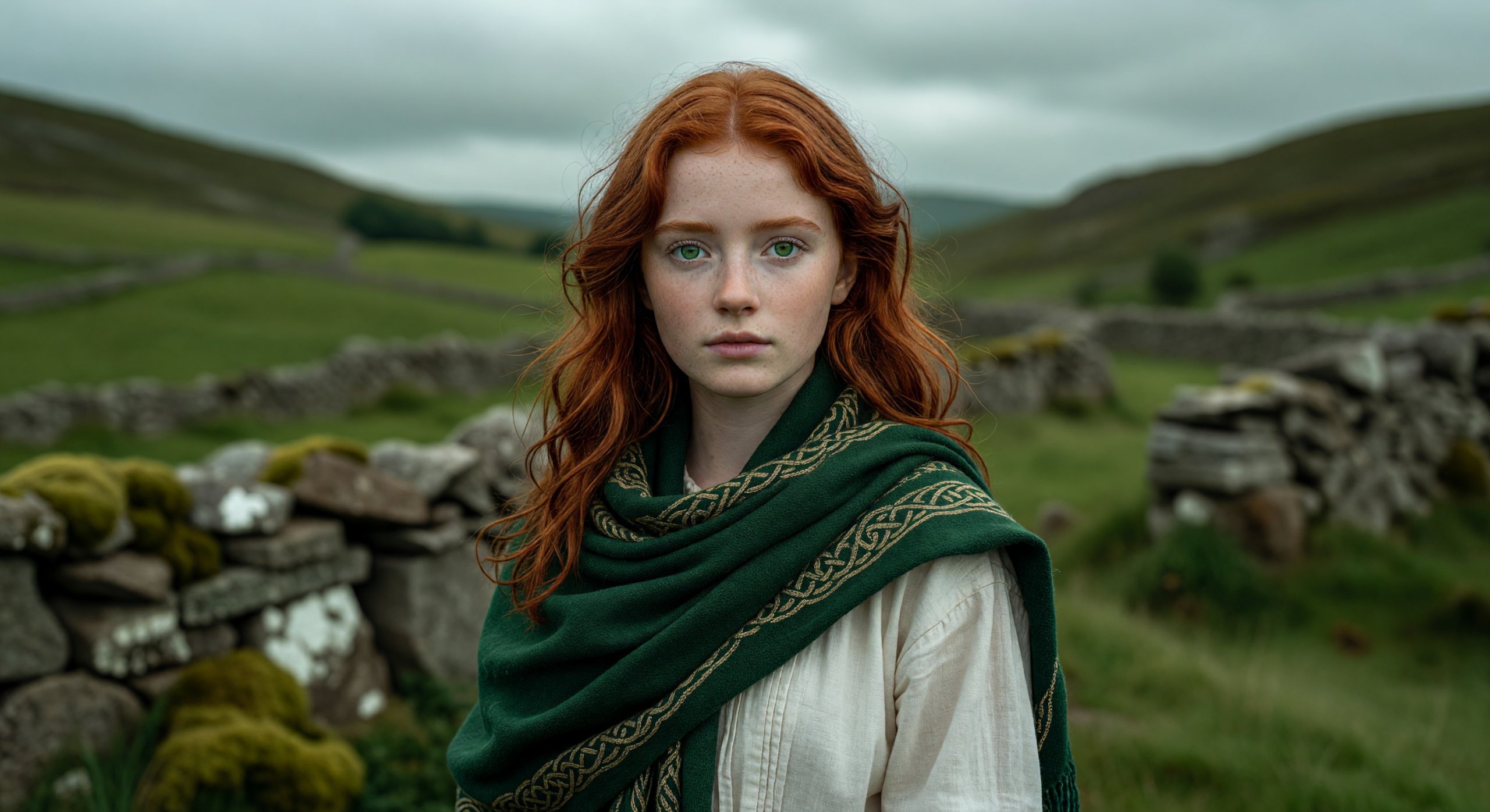 Fiery Irish Maiden in Traditional Green Shawl