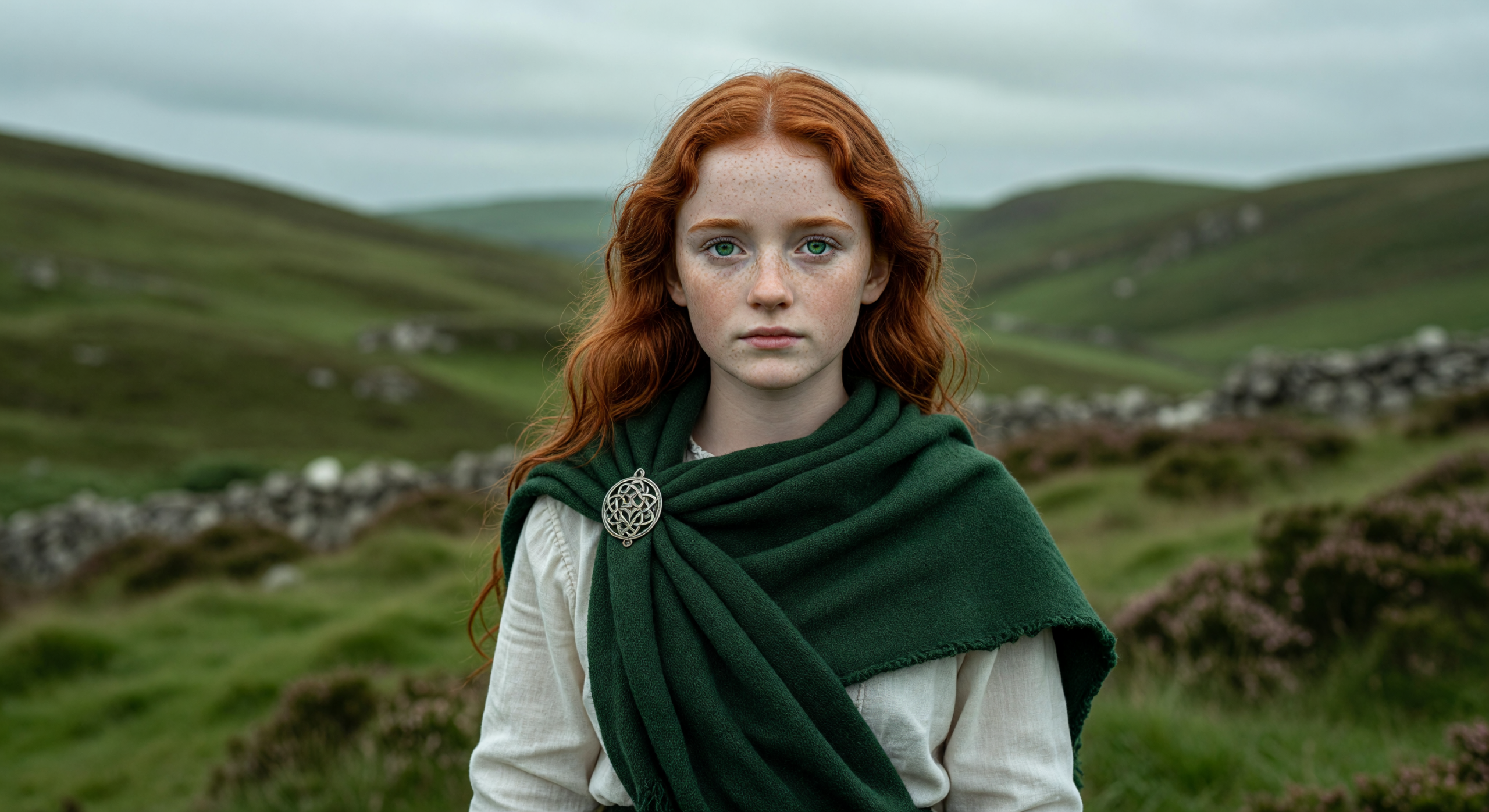 Fiery Irish Maiden with Timeless Gaze in Lush Countryside