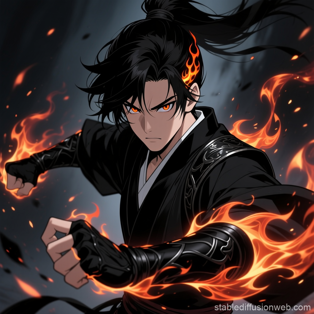 Fiery Martial Artist in Dark Fantasy Anime Style