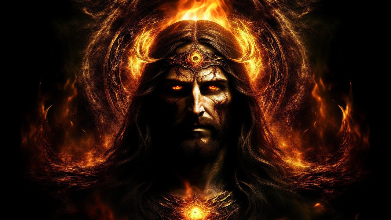 Fiery Mystic with Glowing Eyes and Crown of Flames