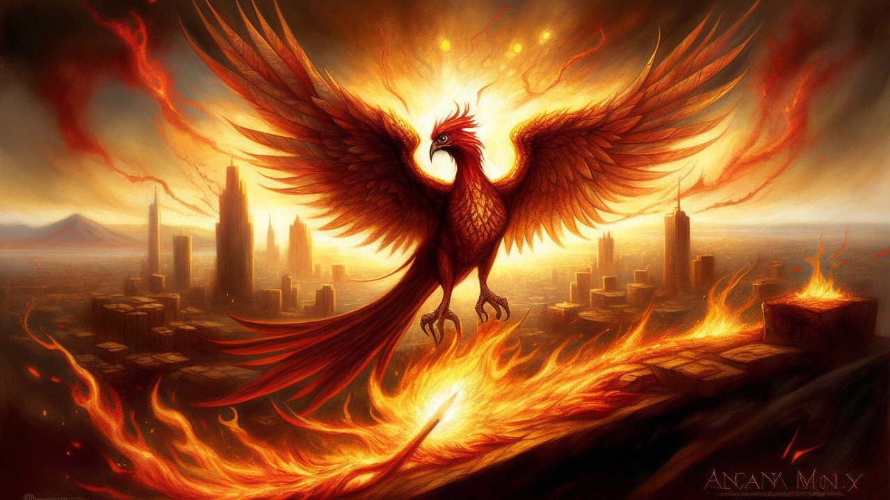 Fiery Phoenix Rising Over a Burning Cityscape