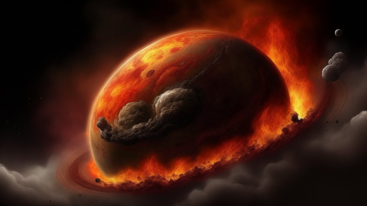 Fiery Planet with Volcanic Eruptions and Rings in Space