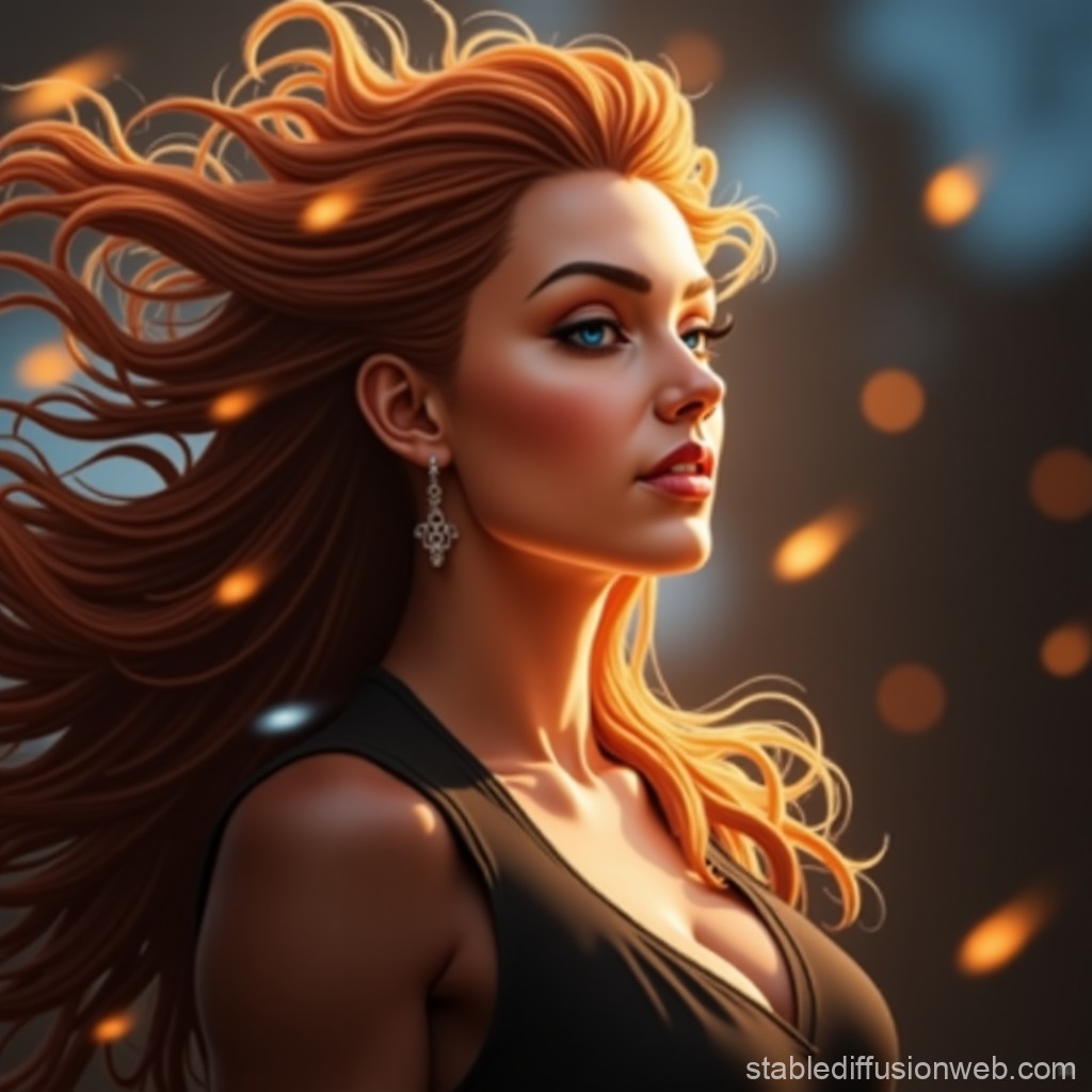 Fiery Red-Haired Woman with Flowing Hair and Intense Gaze