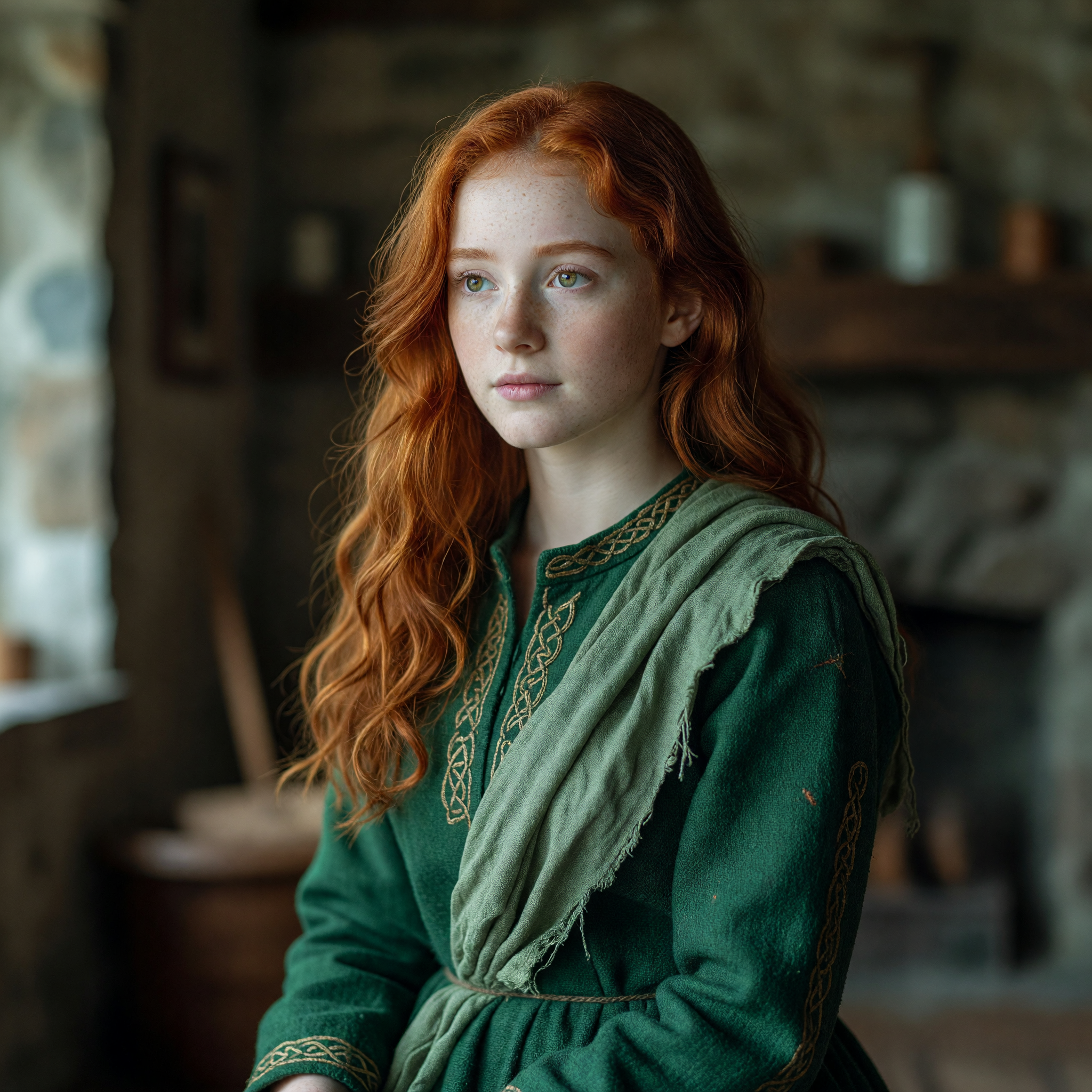 Fiery Redhead Celtic Lass in Traditional Green Attire
