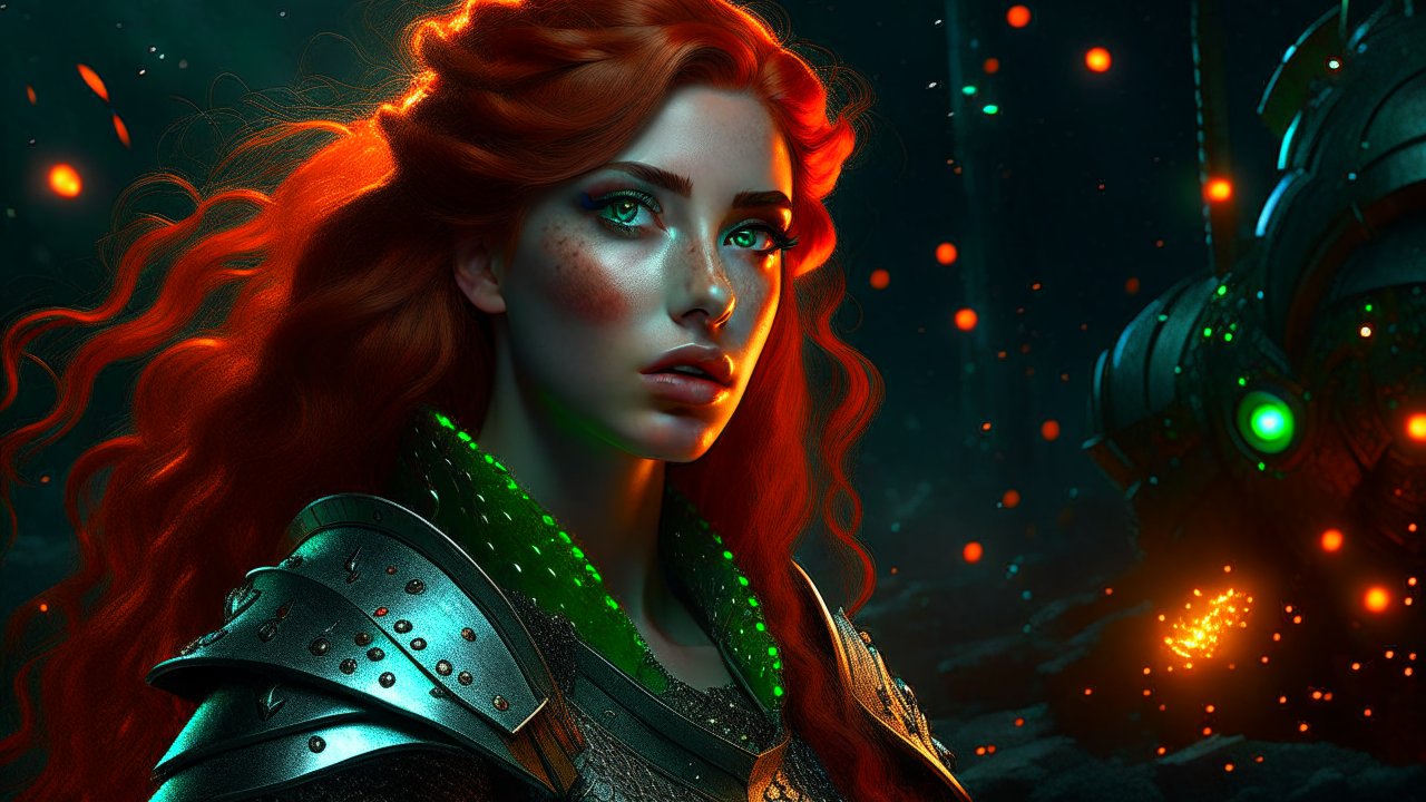 Fiery Redhead Elf Warrior in Glowing Armor