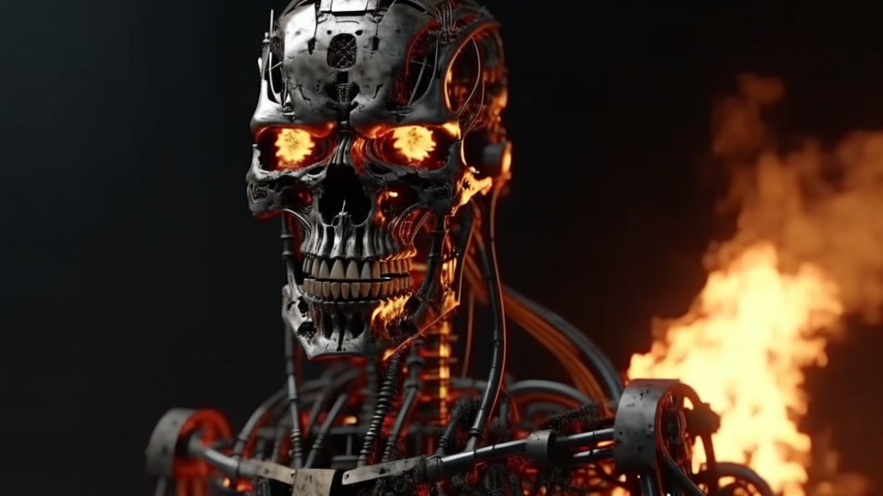Fiery Robotic Skull with Glowing Eyes