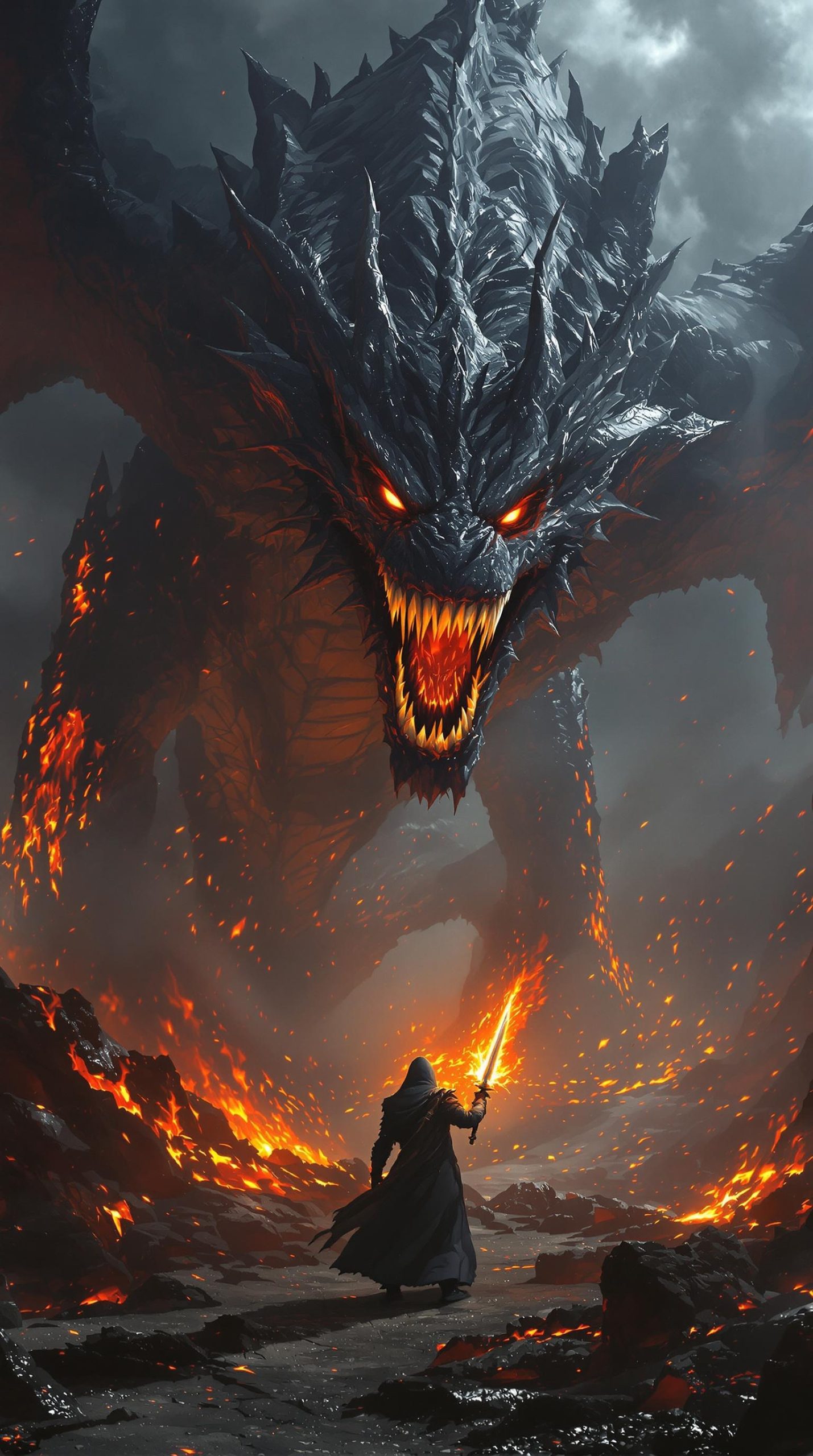 Fiery Standoff Between Warrior and Giant Dragon