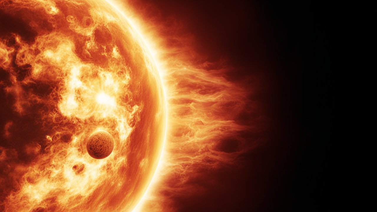 Fiery Sun with Orbiting Planet in Space