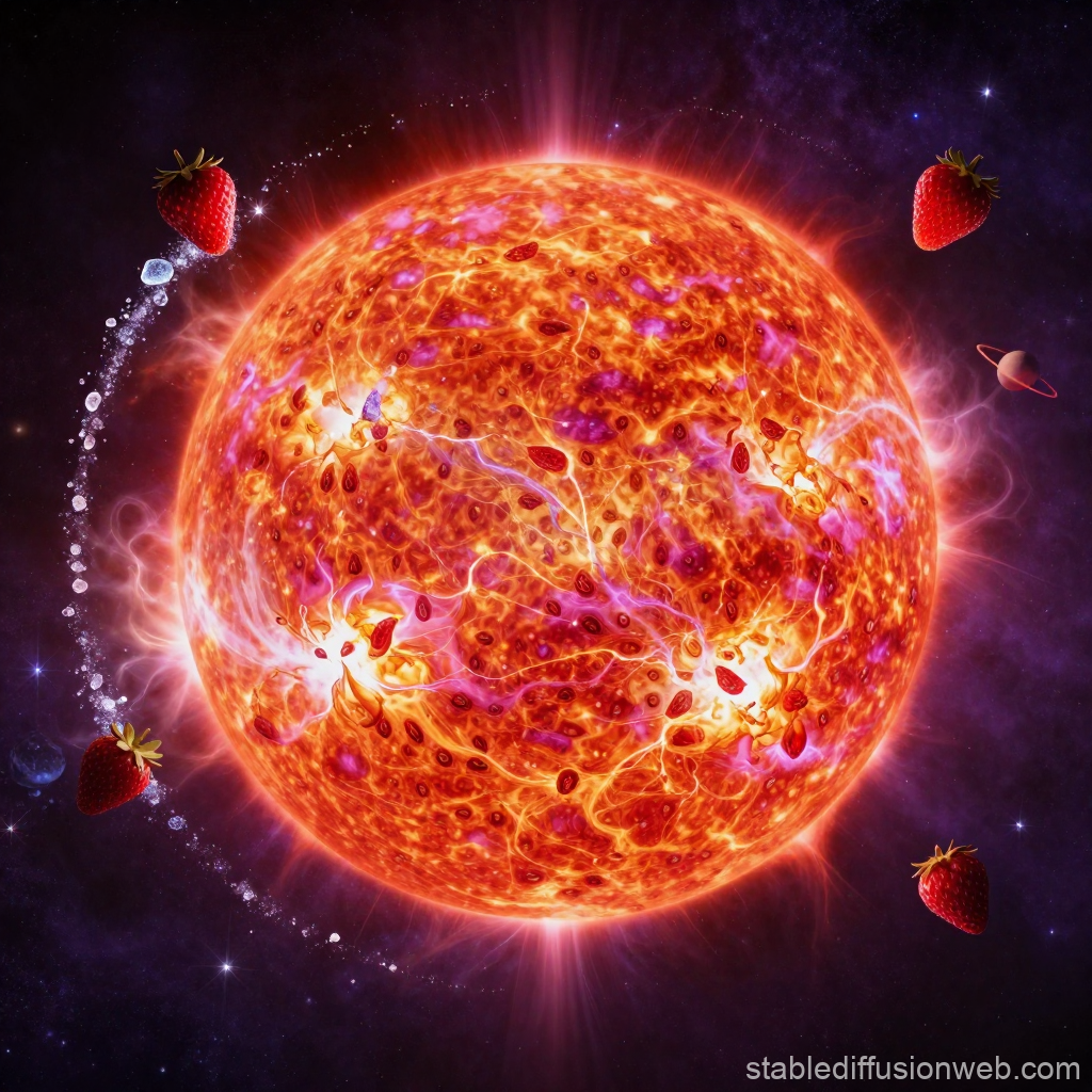 Fiery Sun with Orbiting Strawberries in Space
