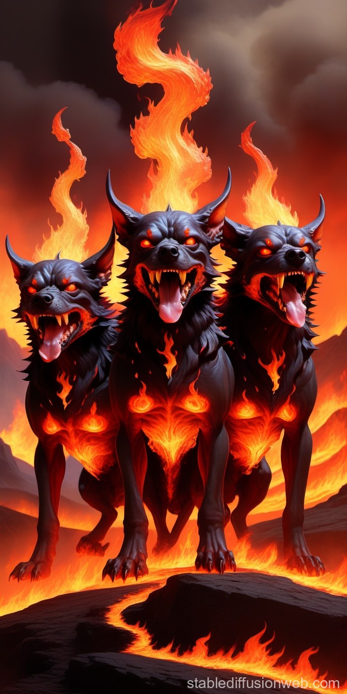 Fiery Three-Headed Hellhound with Flaming Manes
