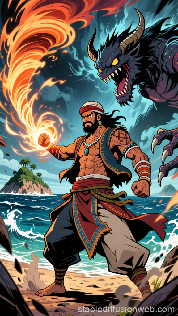 Fiery Warrior Facing a Demonic Beast on the Beach