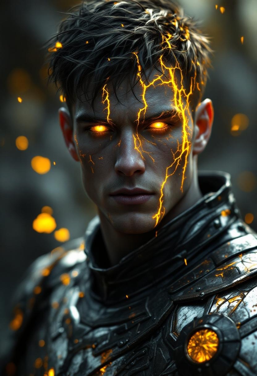 Fiery Warrior with Glowing Eyes and Cracked Armor