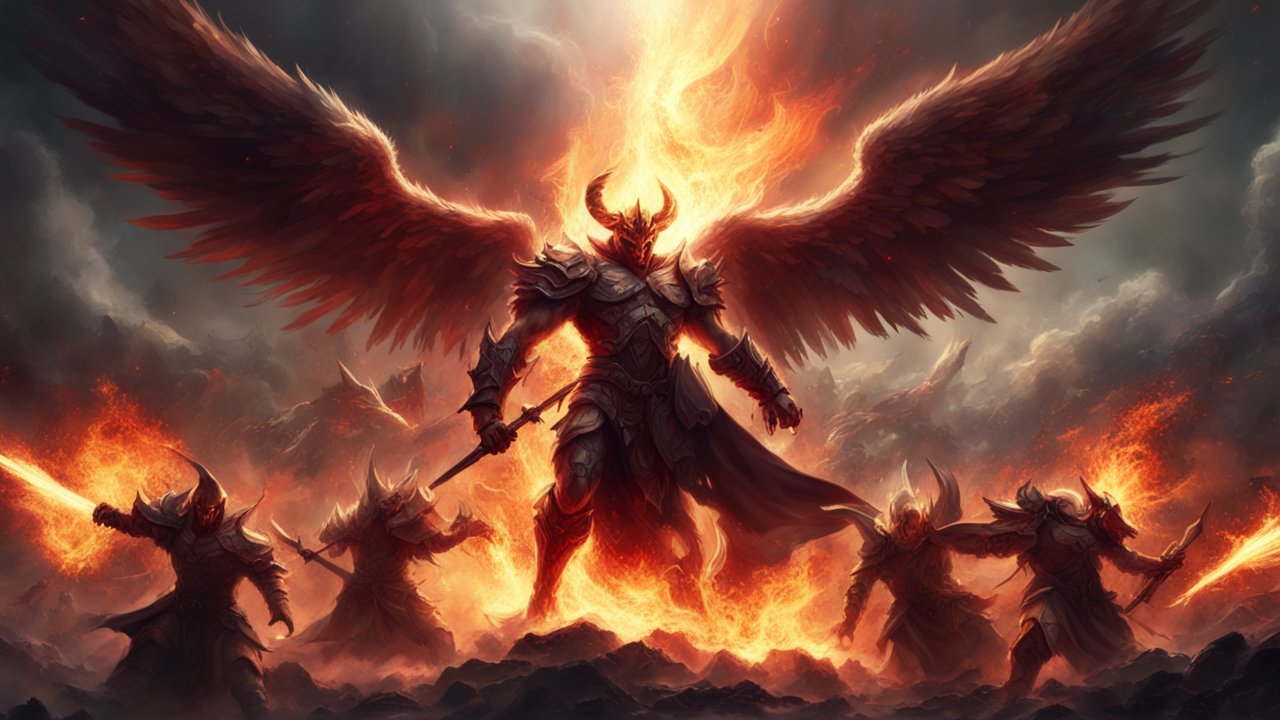 Fiery Winged Demon Warrior Leading an Army