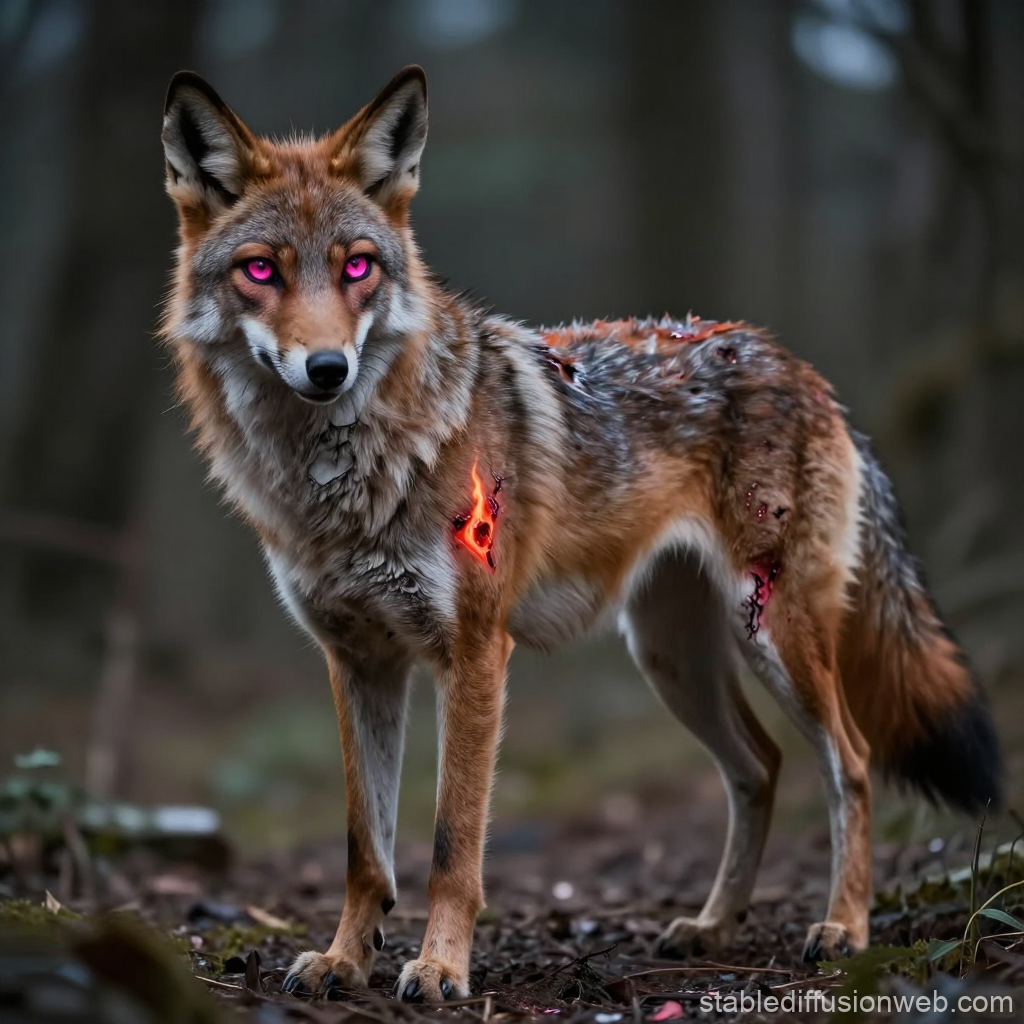 Fiery Wolf Demon with Glowing Pink Eyes in Forest