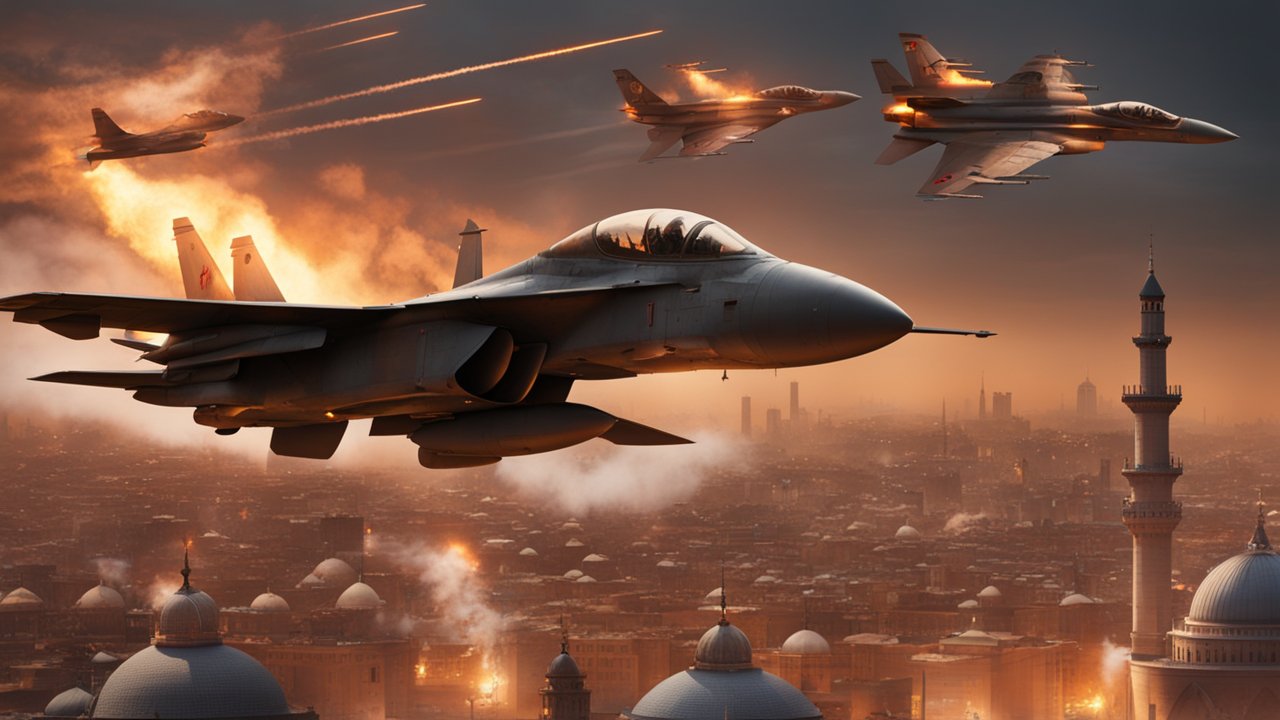 Fighter Jets Flying Over a City at Sunset