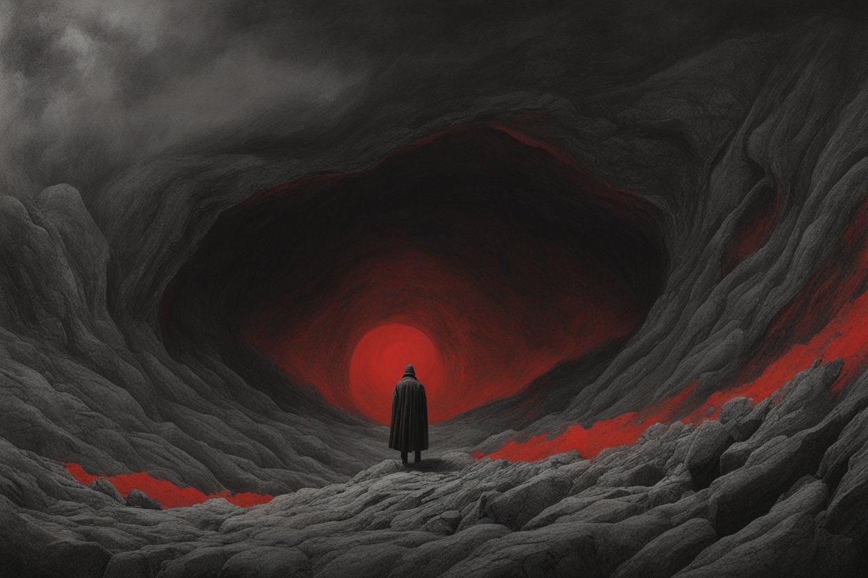 Figure Facing the Red Abyss in a Dark Cavern