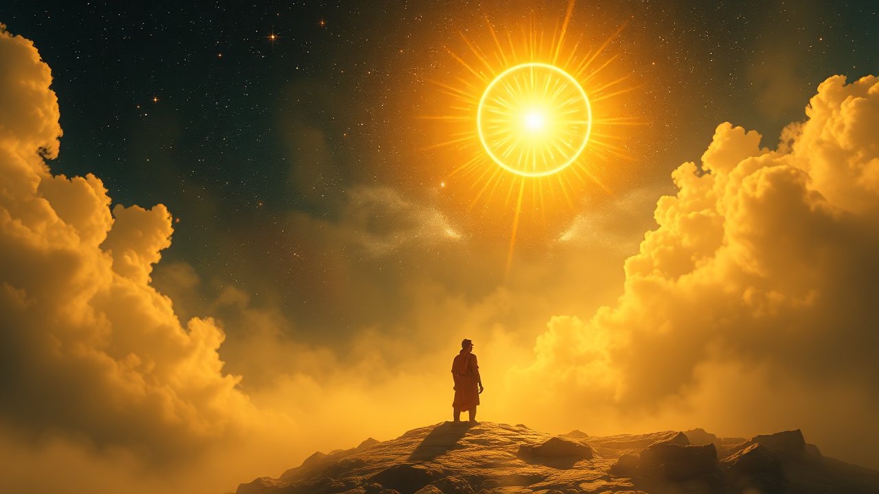 Figure Gazing at a Radiant Celestial Sun Amidst Golden Clouds