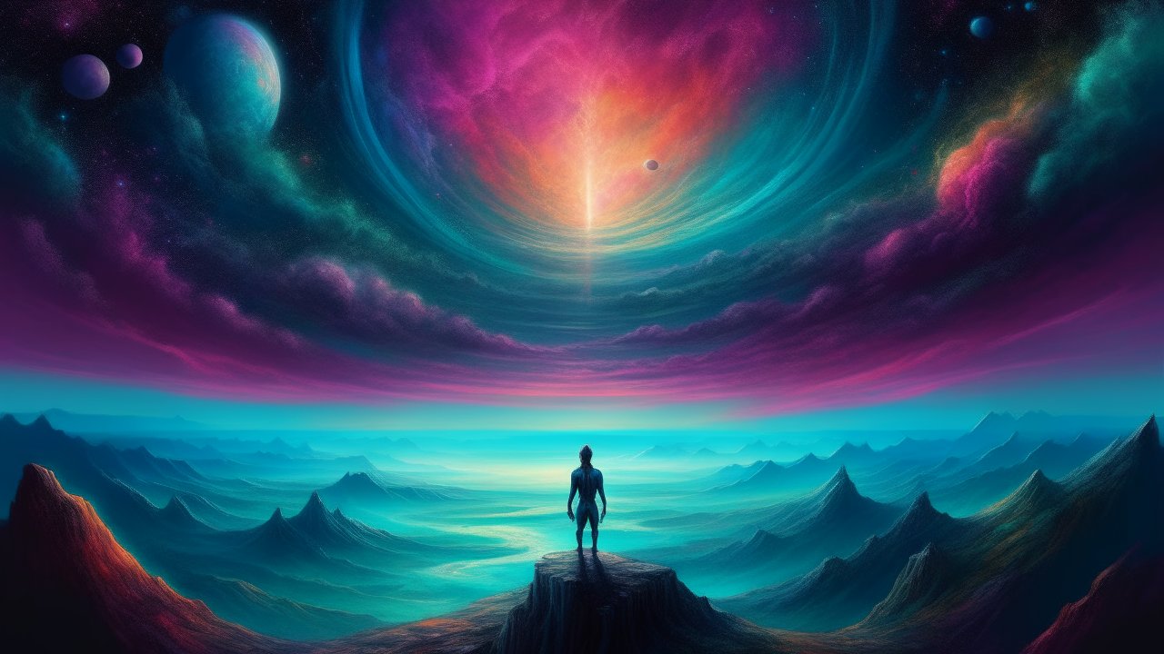 Figure Gazing at Cosmic Vortex Over Alien Landscape