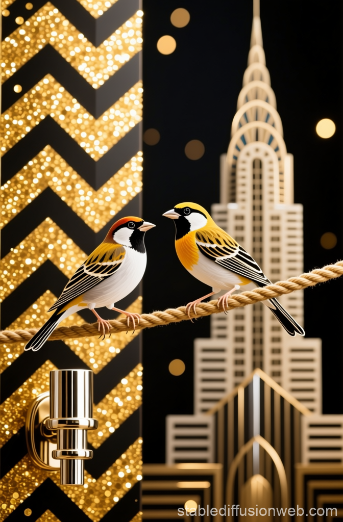 Finches Perched Against Art Deco Cityscape with Gold Accents