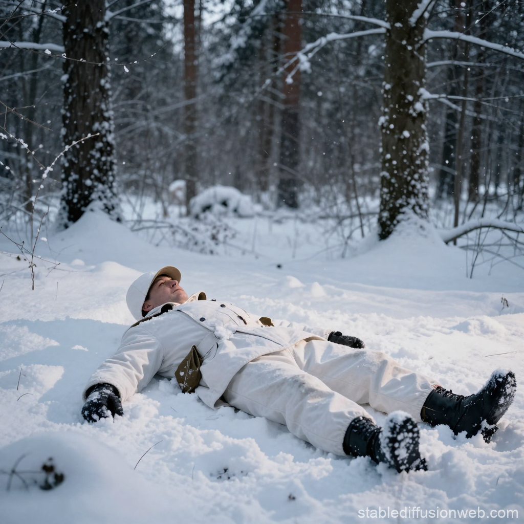 Finnish Sniper Resting in Snowy Winter Forest