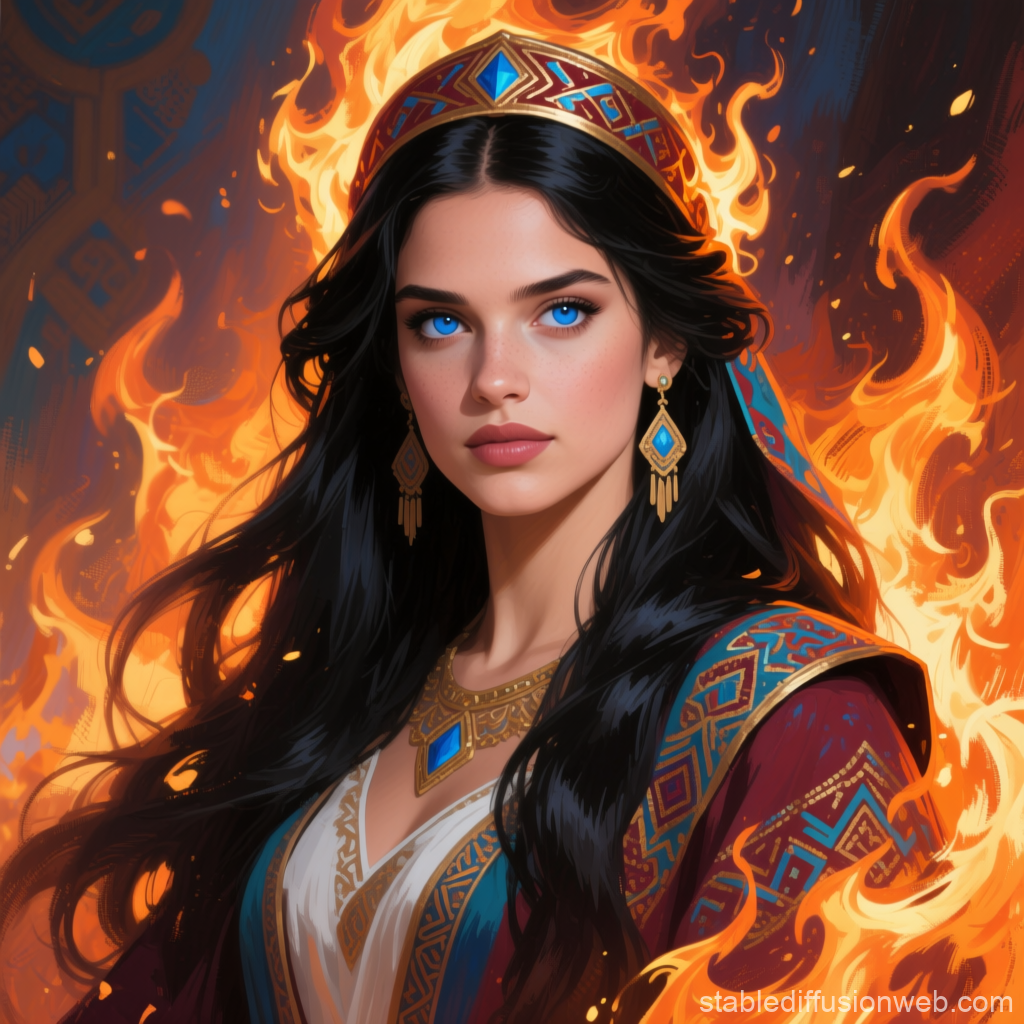 Fire Princess with Blue Eyes in Turkic-Inspired Attire