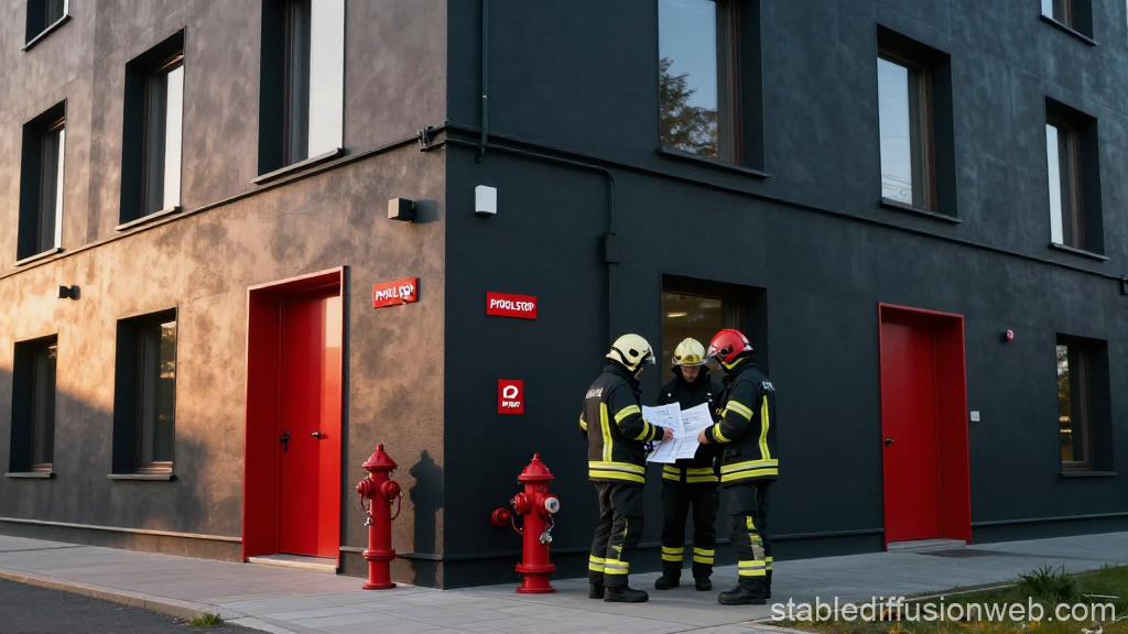 Fire Safety Inspectors Reviewing Plans Outside Modern Building