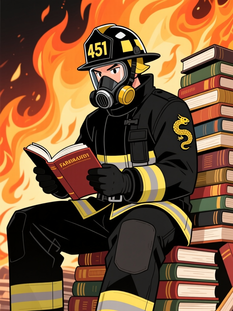 Firefighter Reading Books Amid Flames