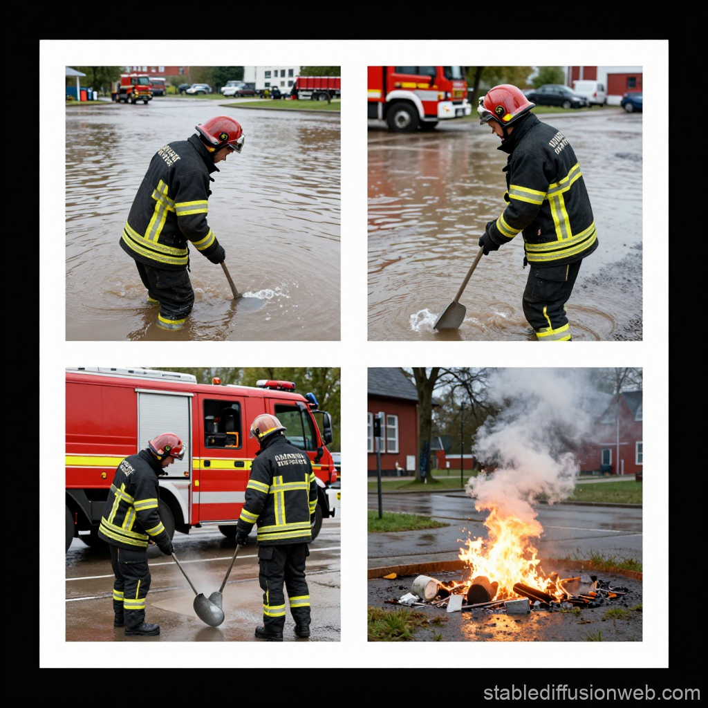 Firefighters Managing Flood and Fire Emergency