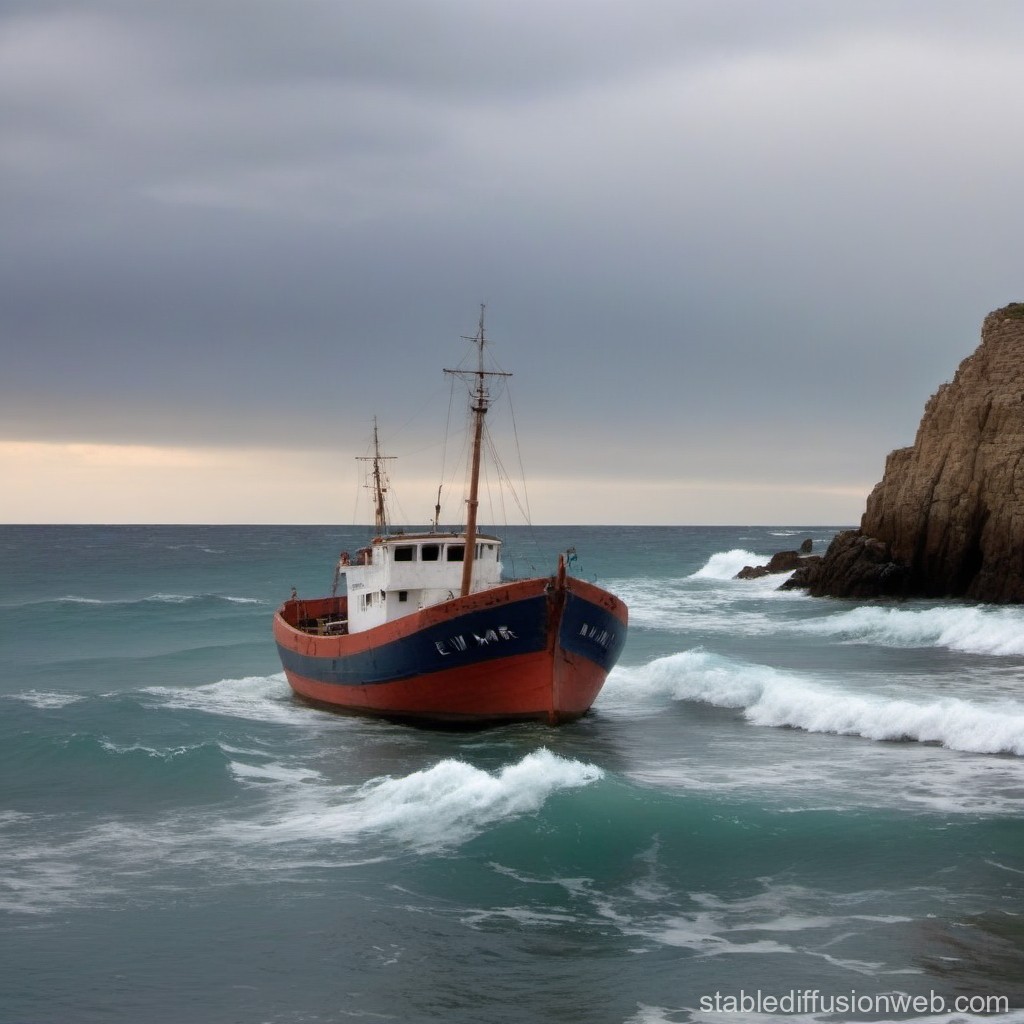 Fishing Boat Near Rocky Shore on a Cloudy Day