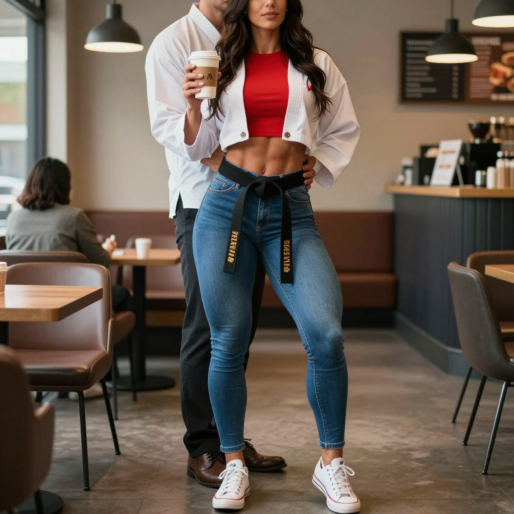 Fit Woman in Casual Outfit Holding Coffee in Cafe
