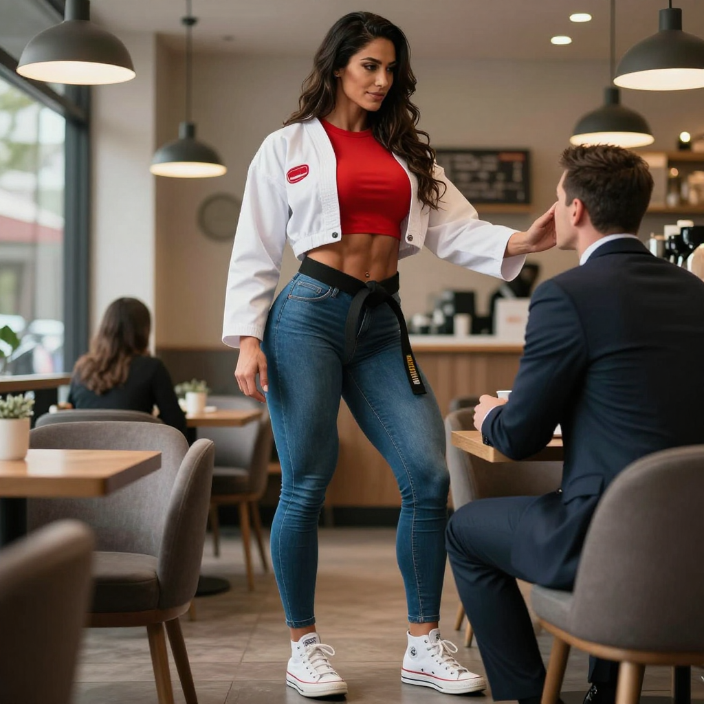 Fit Woman in Martial Arts Attire Interacting in Cafe
