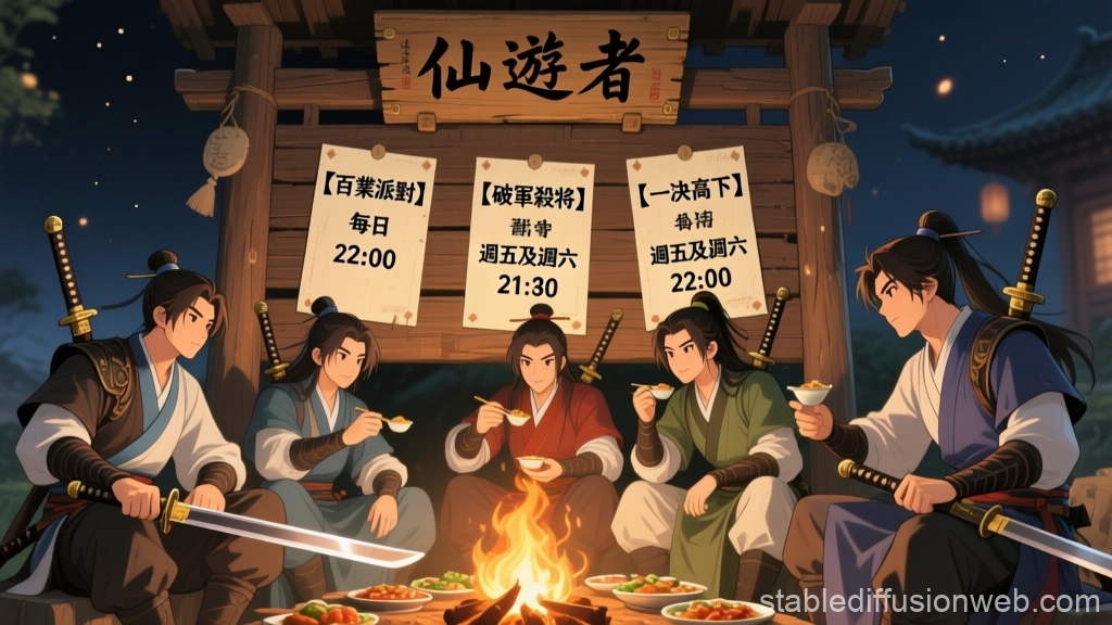 Five Swordsmen Sharing a Meal by the Campfire