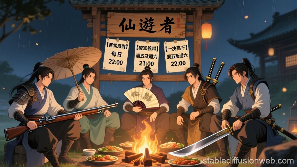 Five Warriors Gathered Around a Campfire in Traditional Attire