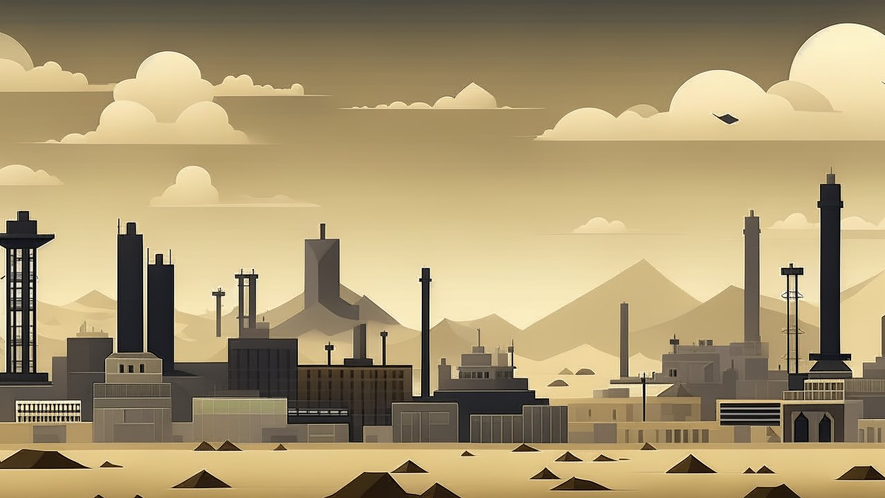 Flat Desert-Themed Industrial Cityscape Illustration