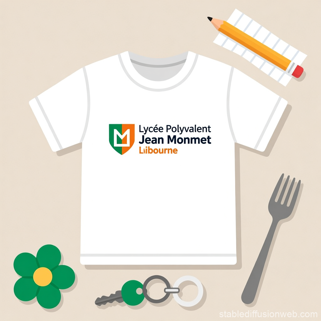Flatlay of Lycée Jean Monnet Branded T-Shirt with Stationery and Utensils