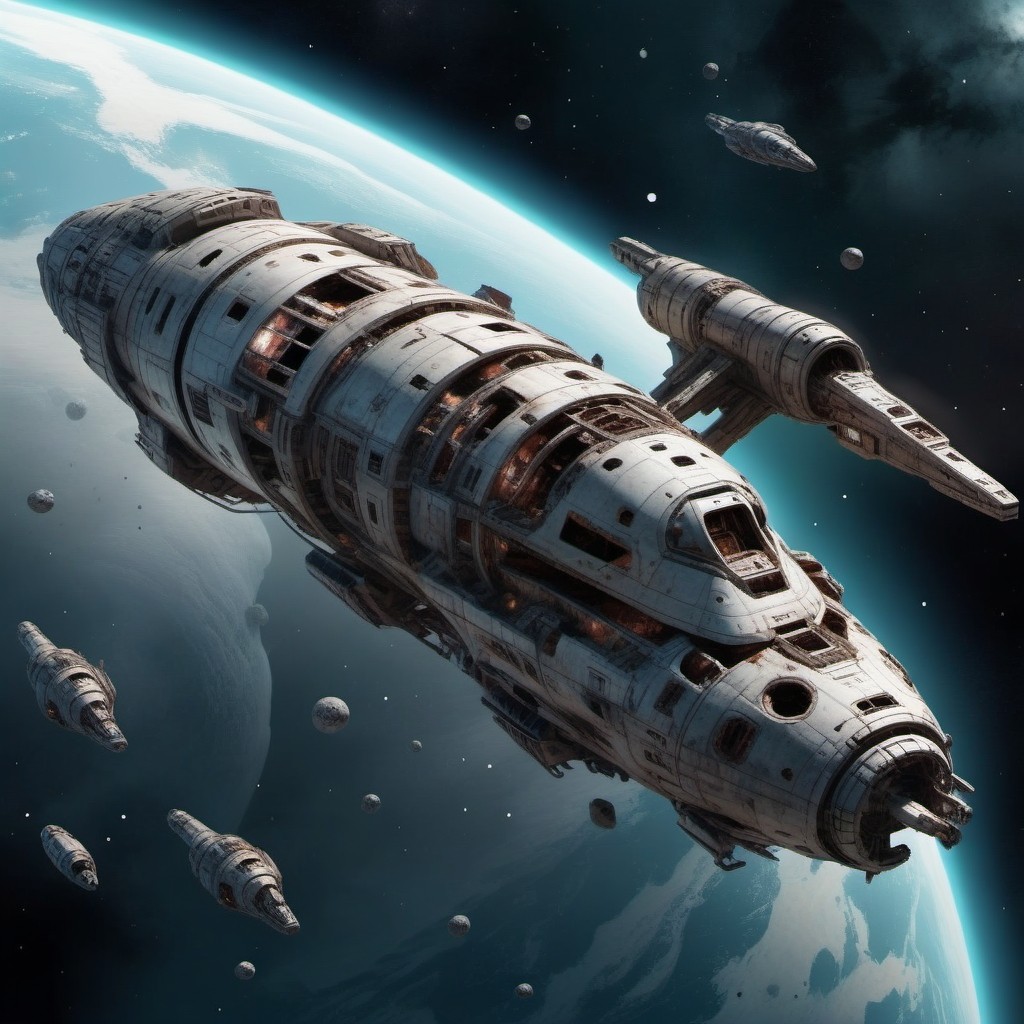 Fleet of Massive Spaceships Orbiting a Blue Planet