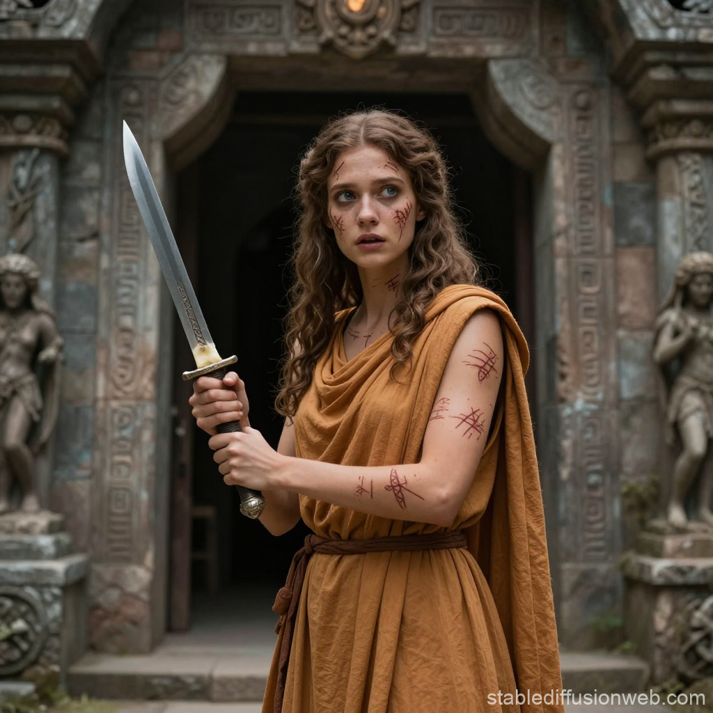 Flesh Cult Initiate Holding Sword in Ancient Temple